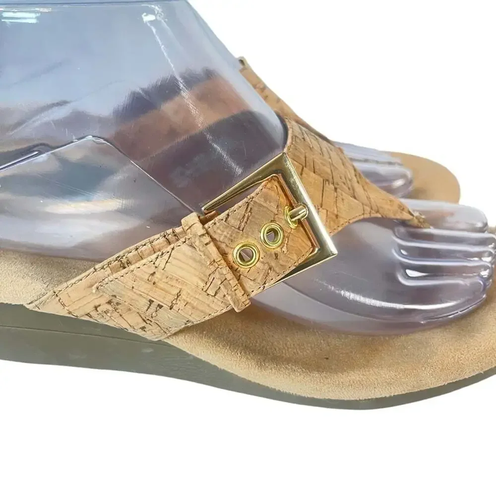 Aerosoles Tan Cork Wedge Sandals Women 10 Flower Thong Slide Comfort Summer